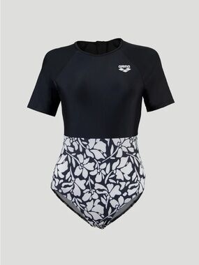 Arena Black Floral Short-Sleeve One-Piece Swimsuit